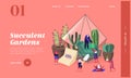 Tiny Characters Grow Cacti and Succulents in Pots at Home Landing Page Template. Gardening, People Planting Hobby