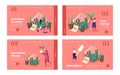 Tiny Characters Grow Cacti and Succulents in Pots at Home Landing Page Template Set. Gardening, People Planting Hobby
