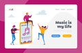 Tiny Characters in Headphones Enjoying Sound Composition, Dancing and Relaxing. Landing Page Template Royalty Free Stock Photo