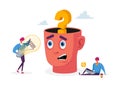 Tiny Characters with Huge Light Bulb and Laptop at Human Head with Question Mark. Businessmen Creative Idea