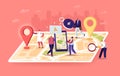 Tiny Characters at Huge Location Map, People Use Online Application on Smartphone with Geolocation App Pin. Search Route Royalty Free Stock Photo