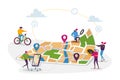 Tiny Characters at Huge Location Map, People Use Online Application on Smartphone with Geolocation App, Possible Routes Royalty Free Stock Photo