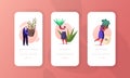 Tiny Characters Planting Decorative Plants and Flowers Mobile App Page Onboard Screen Template. People Care Houseplants Royalty Free Stock Photo