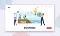Tiny Characters Presenting Earth Biosphere Infographics. Landing Page Template. Atmosphere, Lithosphere and Hydrospehre