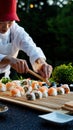 Tiny characters in red berets create sushi rolls using bamboo sticks on a wooden table, capturing intricate details in a cozy