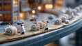 Tiny characters in red berets create sushi rolls using bamboo sticks on a wooden table, capturing intricate details in a