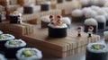 Tiny characters in red berets create sushi rolls using bamboo sticks on a wooden table, capturing intricate details in a