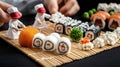 Tiny characters in red berets create sushi rolls using bamboo sticks on a wooden table, capturing intricate details in a