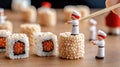 Tiny characters in red berets create sushi rolls using bamboo sticks on a wooden table, capturing intricate details in a