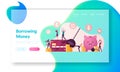 Tiny Characters Rejoice for Money Debt Deliverance Landing Page Template. Happy People Cutting Chains at Huge Piggy Bank Royalty Free Stock Photo