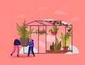 Tiny Characters Working in Winter Garden Concept. People Carry Huge Potted Plant, Planting Flowers in Greenhouse