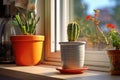 tiny chili plant in a pot next to a cactus on a kitchen windowsill