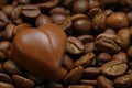 Tiny chocolate in heart shape on coffee beans. Close up.