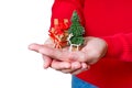 Tiny Christmas Tree with Reindeers and Gift Boxes in Hands