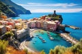 Tiny Coastal Village Resting on Waters Edge, View of the famous travel landmark destination Vernazza, a small Mediterranean old Royalty Free Stock Photo