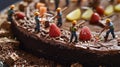 Tiny construction workers decorate giant chocolate cake in macro shot Royalty Free Stock Photo