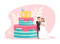 Tiny Couple of Newlyweds Standing beside Wedding Cake, Bride and Groom Characters at their Wedding Party Flat Vector