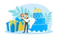 Tiny Couple of Newlyweds Standing beside Wedding Cake and Huge Gift Boxes, Groom Holding Bride on his Hands at their