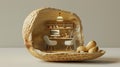 a tiny, cozy office nestled within the confines of an opened peanut shell, plenty of empty space surrounding the