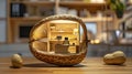 a tiny, cozy office nestled within the confines of an opened peanut shell, plenty of empty space surrounding the