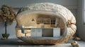 a tiny, cozy office nestled within the confines of an opened peanut shell, plenty of empty space surrounding the