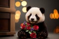 tiny cute baby panda with colorful flowers in her hands can hardly stand the flowers. AI