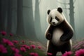 tiny cute baby panda with colorful flowers in her hands can hardly stand the flowers. AI