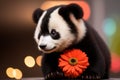 tiny cute baby panda with colorful flowers in her hands can hardly stand the flowers. AI