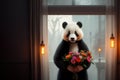 tiny cute baby panda with colorful flowers in her hands can hardly stand the flowers. AI