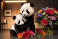Two fairy tiny cute baby panda with colorful flowers in her hands can hardly stand the flowers. AI