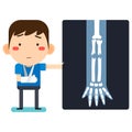 Tiny cute cartoon patient man character broken right arm in gypsum bandage or plastered arm and x-ray_v2