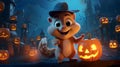 A tiny cute Chipmunk wearing hat with a pumpkin on a haunted house Background