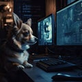 Tiny cute dog working on a computer. Little generative AI dog busy at work.