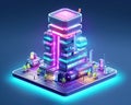 tiny cute isometric futuristic skyscraper neon lights.