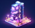 tiny cute isometric futuristic skyscraper neon lights.