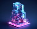 tiny cute isometric futuristic skyscraper neon lights.