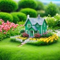 Tiny cute miniature house in a garden full of Close up with depth of