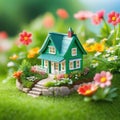 Tiny cute miniature house in a garden full of Close up with depth of