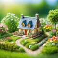 Tiny cute miniature house in a garden full of Close up with depth of