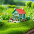 Tiny cute miniature house in a garden full of Close up with depth of