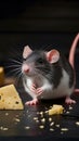 Tiny cute rat portrayed with cheese in adorable setting