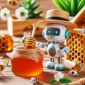 Tiny cute robot collecting honey in bee hive