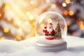 Tiny cute Santa Claus contained within a sphere glass bottle on snow background Royalty Free Stock Photo