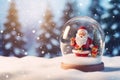 Tiny cute Santa Claus contained within a sphere glass bottle on snow background Royalty Free Stock Photo