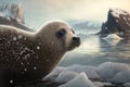 Tiny and cute seal pup with a curious gaze resting on the icy shore of the Arctic Ocean