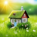 Tiny cute toy house deep in the grass in the Close up with depth of