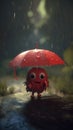 A tiny cute unknown creature holding an umbrella in the rain. AI generative image.