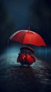 A tiny cute unknown creature holding an umbrella in the rain. AI generative image.
