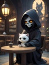 A tiny dark witch enjoying his coffee accompanied by a cat Royalty Free Stock Photo