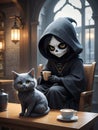 A tiny dark witch enjoying his coffee accompanied by a cat Royalty Free Stock Photo
